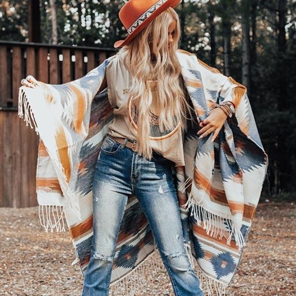 New Aztec Western Fringe Poncho Blanket Cardigan Sweater - Picture 5 of 7